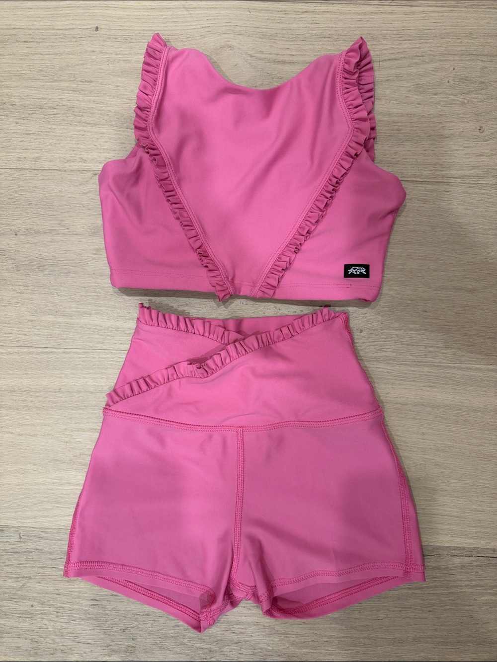 Girls Pink Ruffle-Trim Crop  Top & High-Waist Shorts Dance Set
